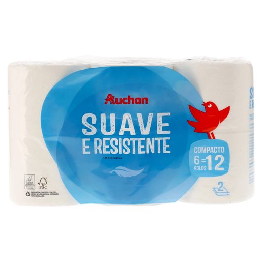 AUCHAN Papel Higiénico Suave e Resistente 2 Folhas 6=12 Rolos 6 un