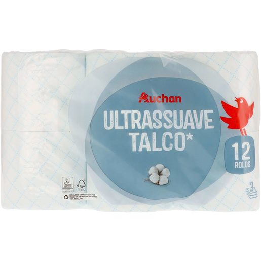 AUCHAN Papel Higiénico Ultrassuave Talco 3 Folhas 12 un
