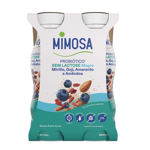 MIMOSA Iogurte Líquido Magro Sem Lactose Probiótico Mirtilo Goji Amaranto e Amêndoa 4x151 ml