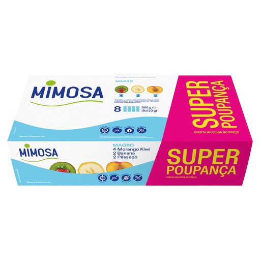 MIMOSA Iogurte Magro Sólido Aroma Morango Kiwi, Banana e Pêssego 8x120 g